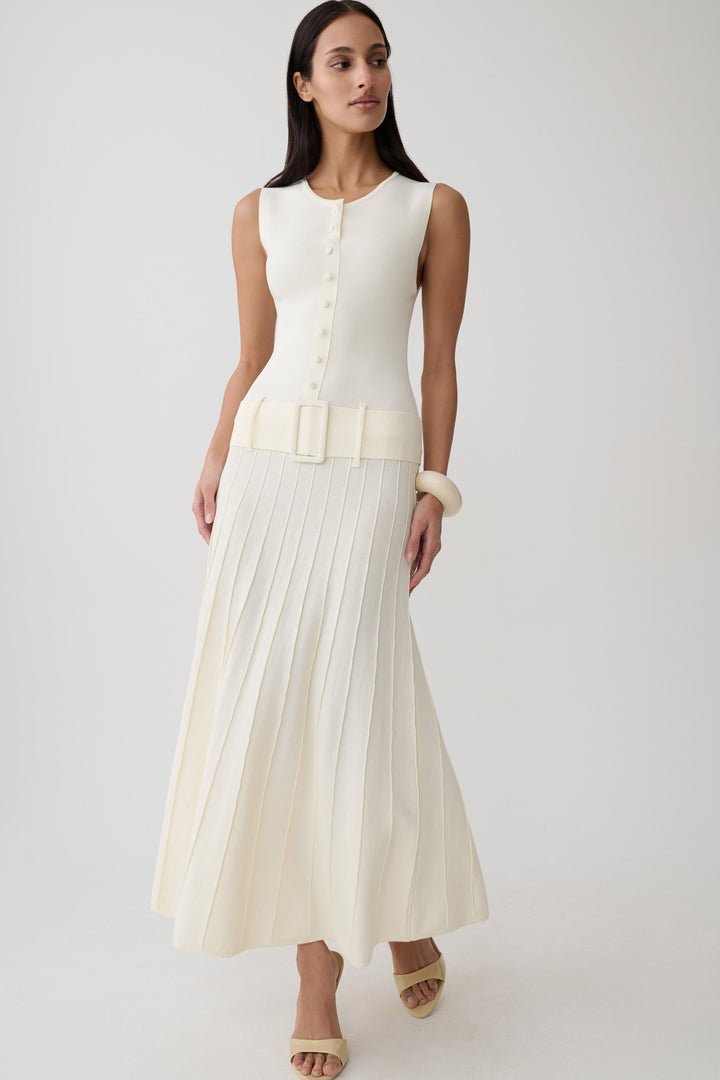 Glamcroft Midi Dress with Pleated Skirt and Boat Neck in Ivory