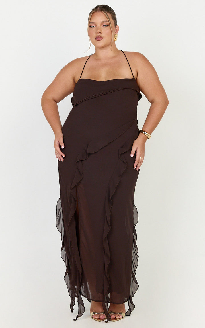 Connie Midi Dress - Ruffle Detail Dress in Chocolate