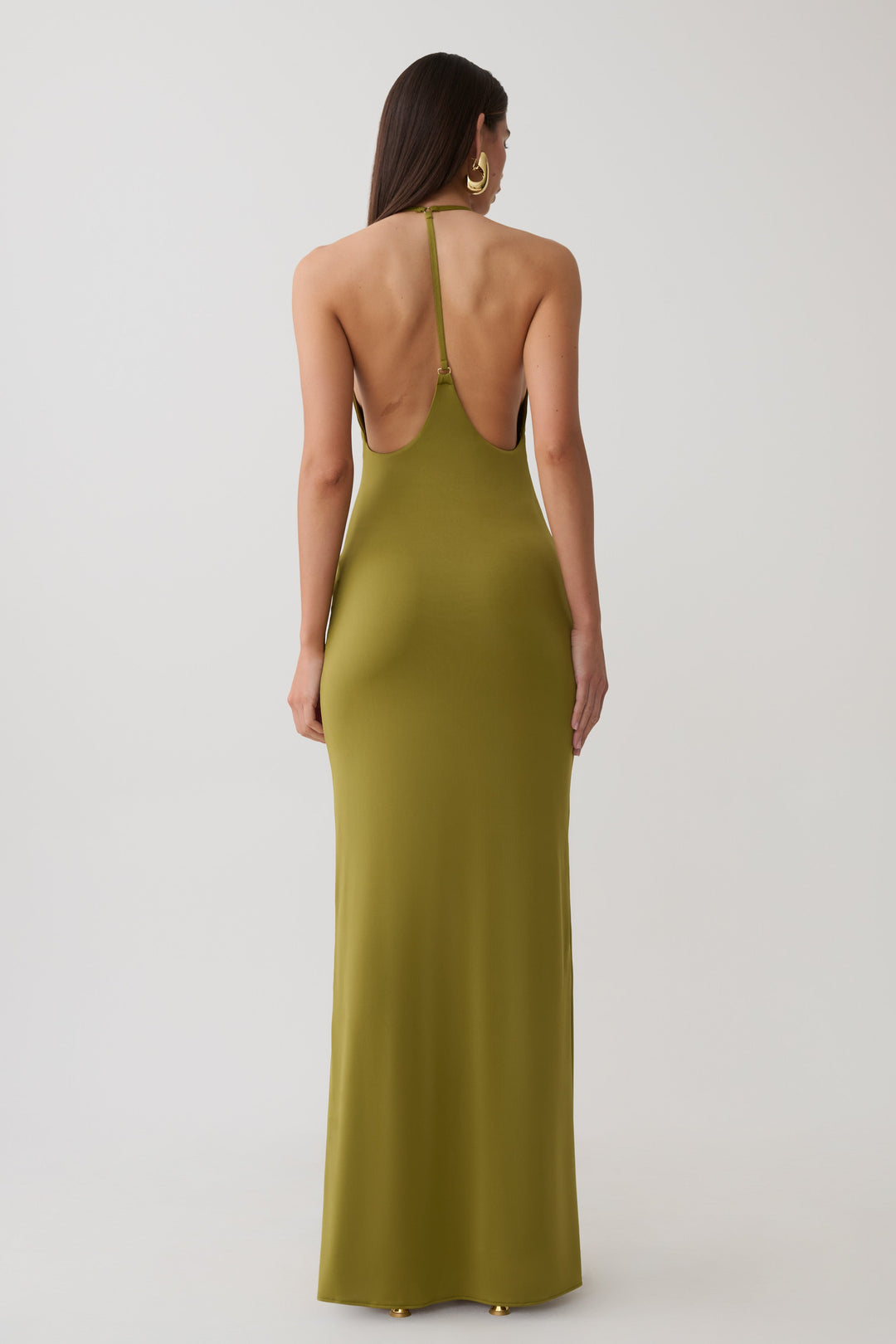 Glamcroft Maxi Dress in Martini Olive with Plunge Neckline
