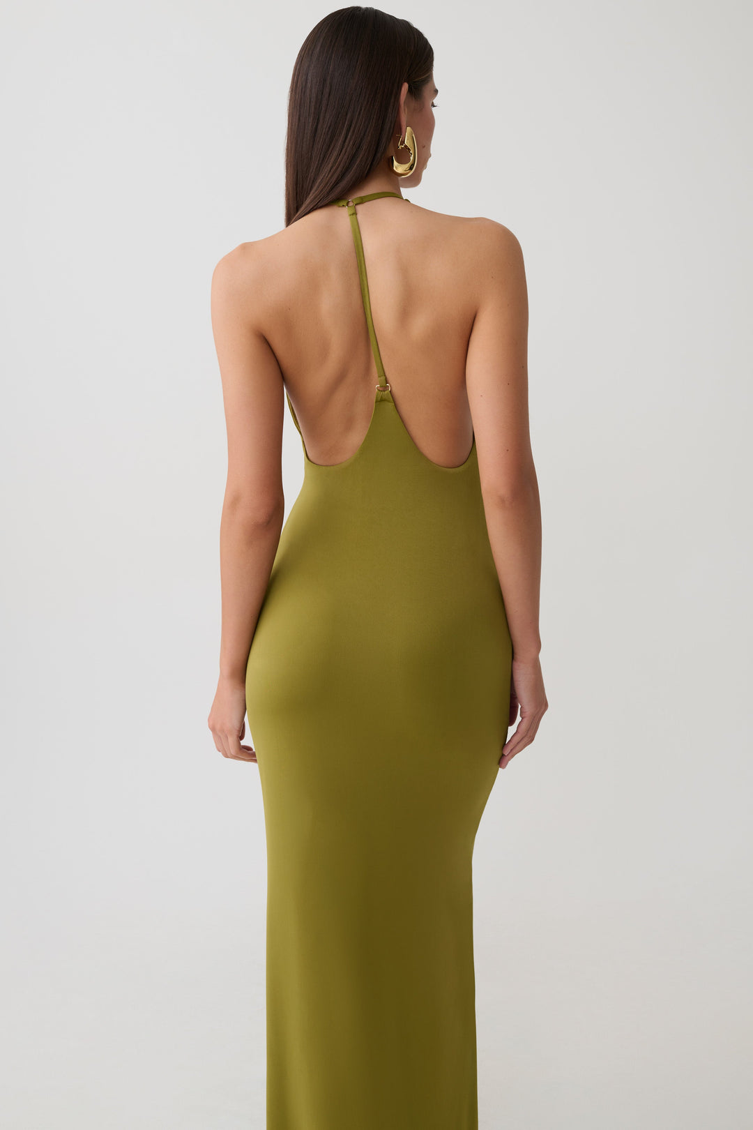 Glamcroft Maxi Dress in Martini Olive with Plunge Neckline