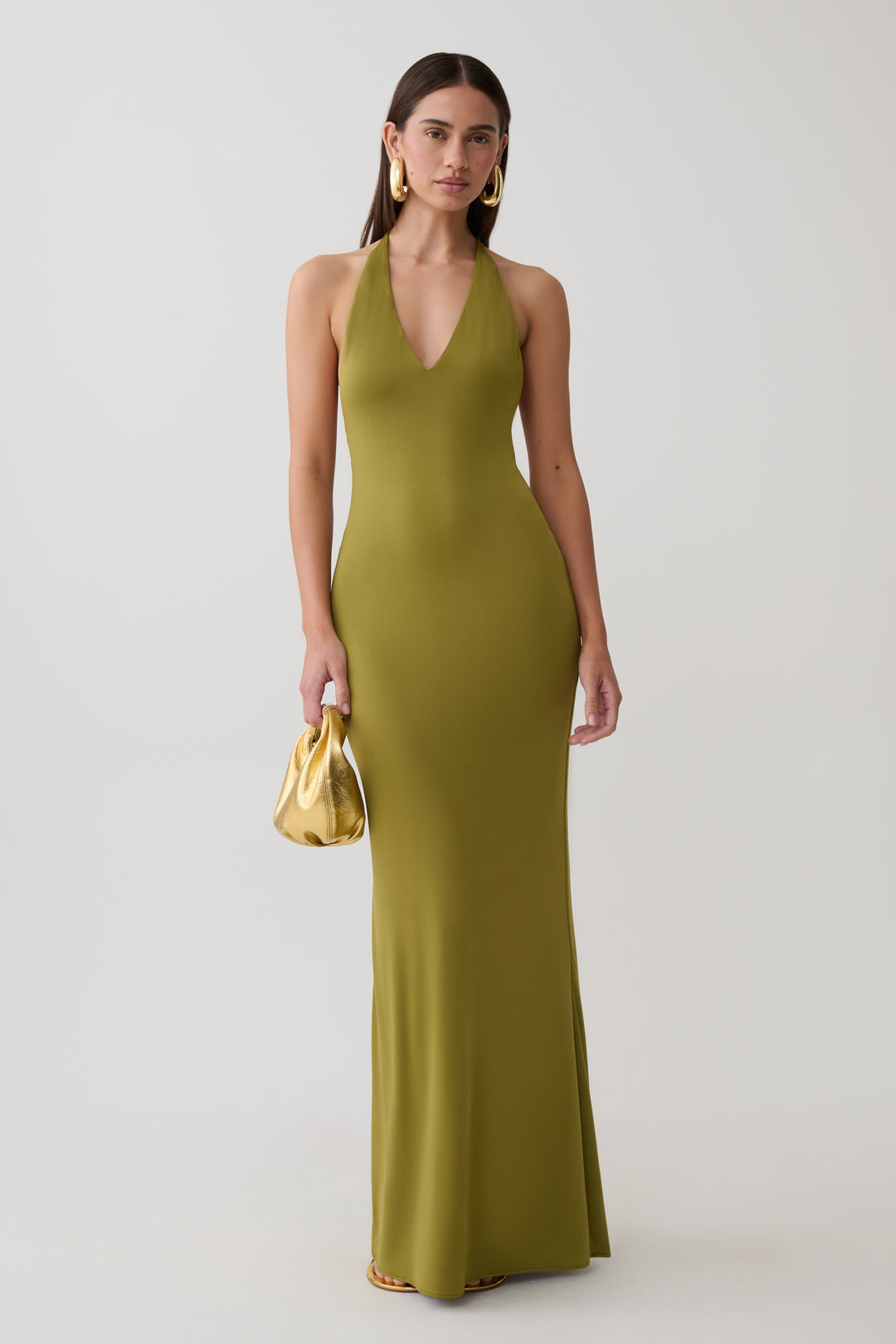 Glamcroft Maxi Dress in Martini Olive with Plunge Neckline