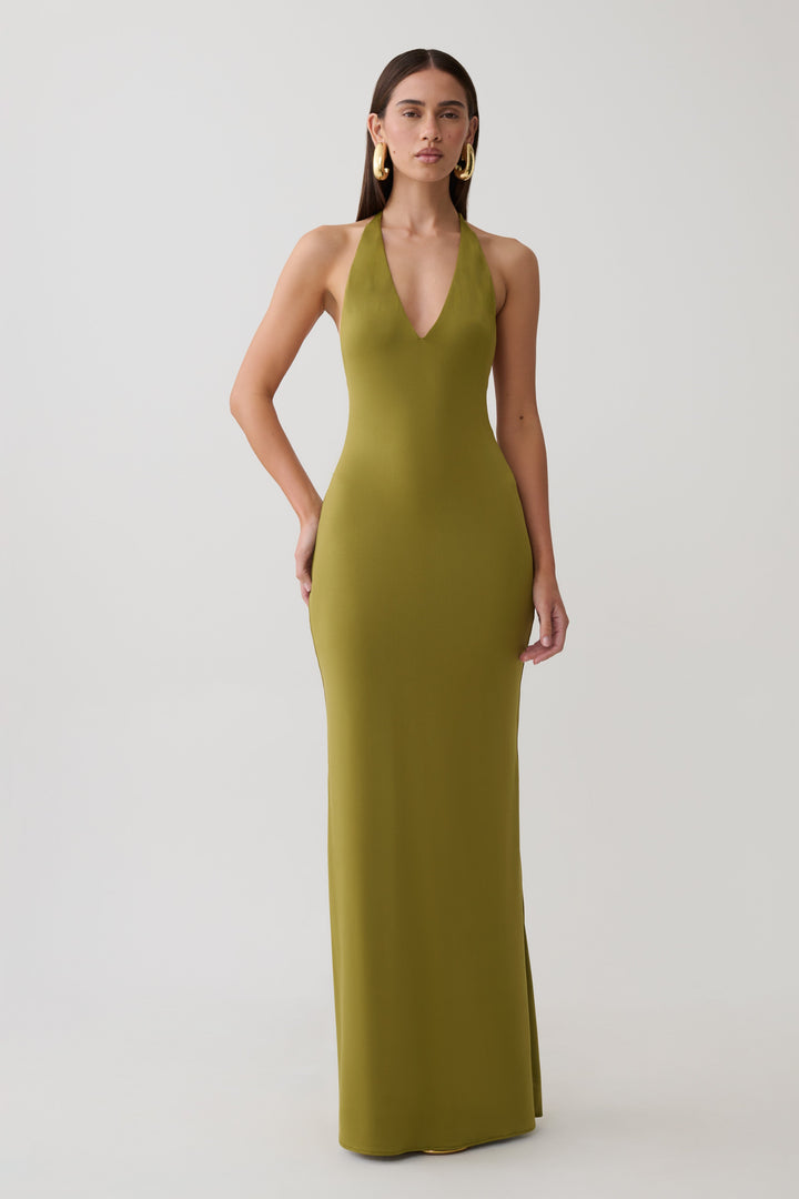 Glamcroft Maxi Dress in Martini Olive with Plunge Neckline