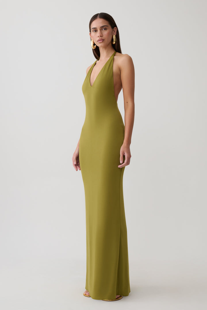 Glamcroft Maxi Dress in Martini Olive with Plunge Neckline