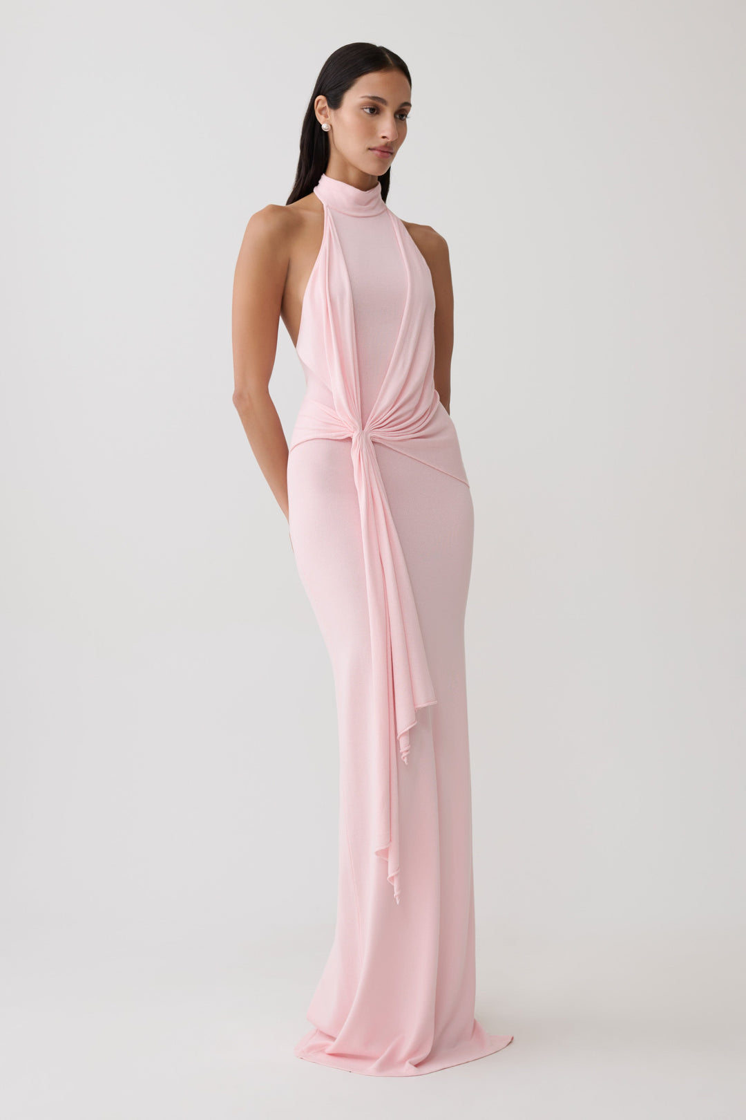 Glamcroft Dresses Halter Knit Maxi Dress Baby Pink