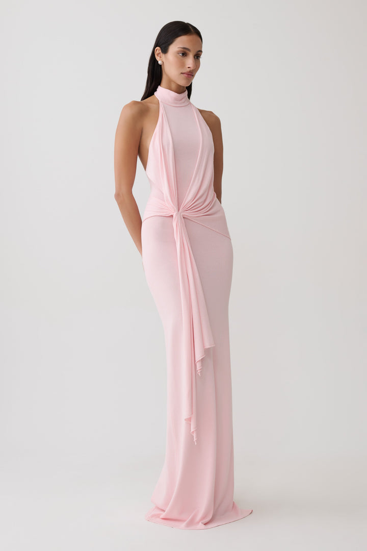 Glamcroft Dresses Halter Knit Maxi Dress Baby Pink