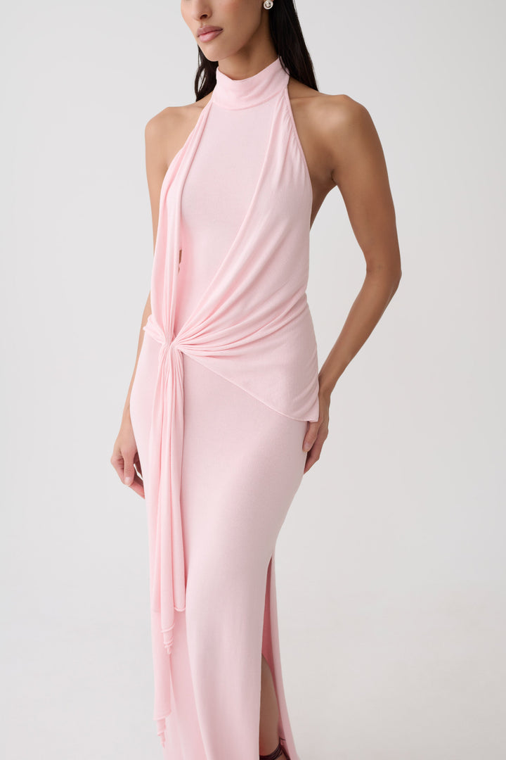 Glamcroft Dresses Halter Knit Maxi Dress Baby Pink