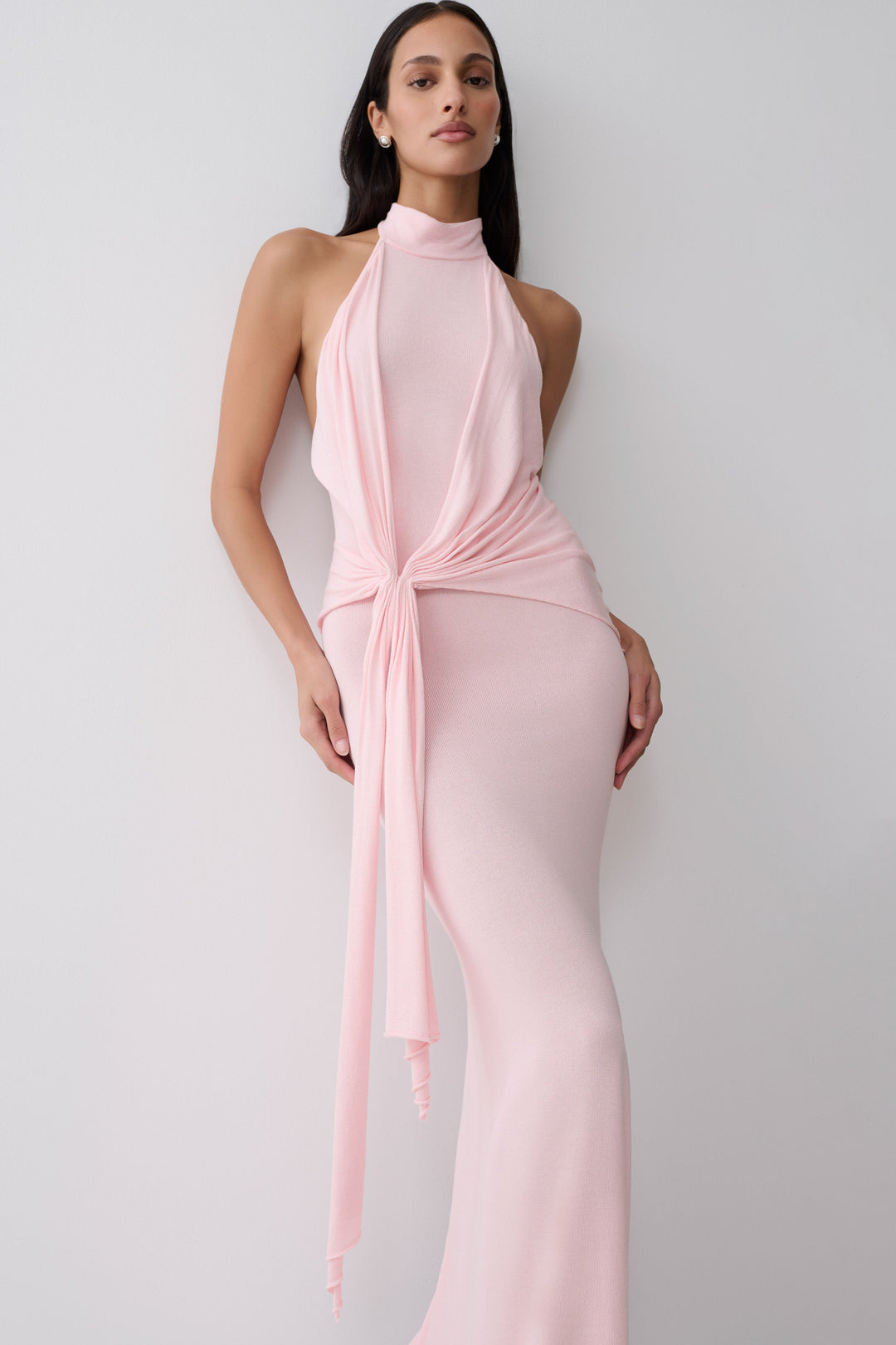 Glamcroft Dresses Halter Knit Maxi Dress Baby Pink