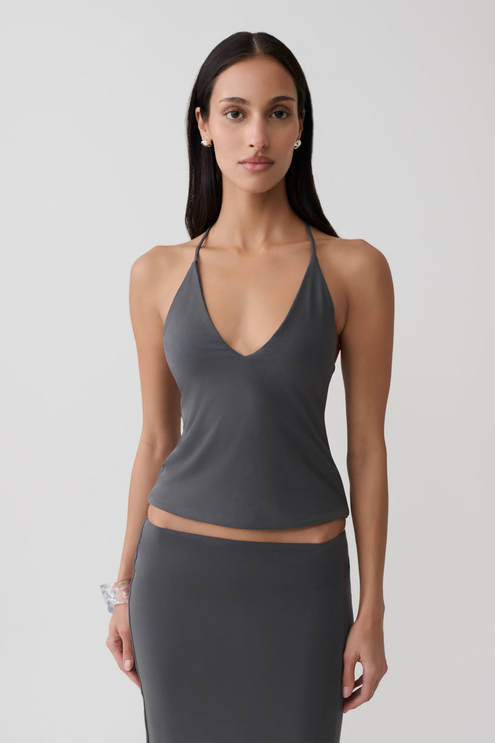 Glamcroft Tops Draped Back Top with V Neckline - Charcoal