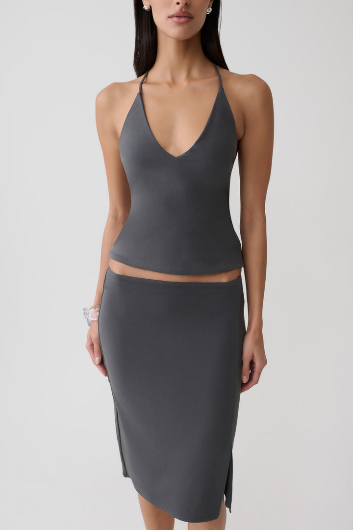 Glamcroft Tops Draped Back Top with V Neckline - Charcoal