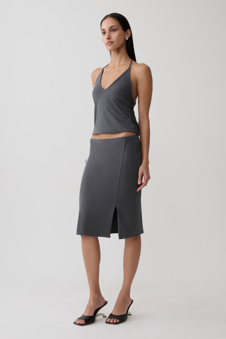 Glamcroft Tops Draped Back Top with V Neckline - Charcoal