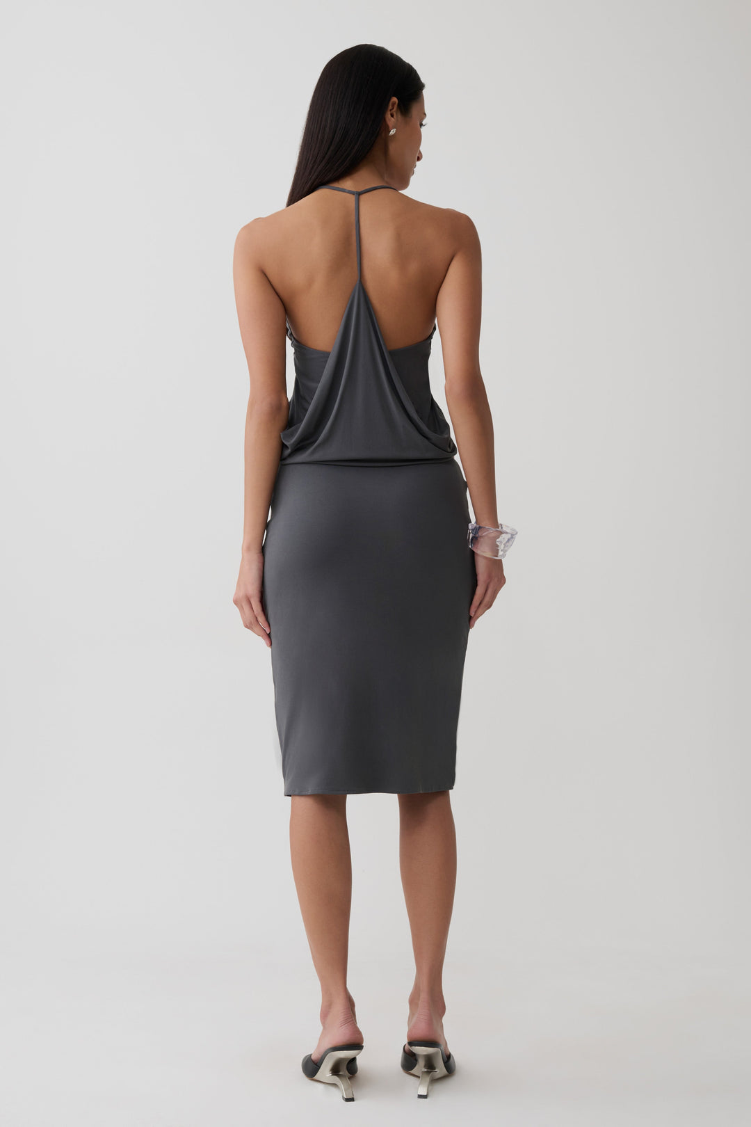 Glamcroft Tops Draped Back Top with V Neckline - Charcoal