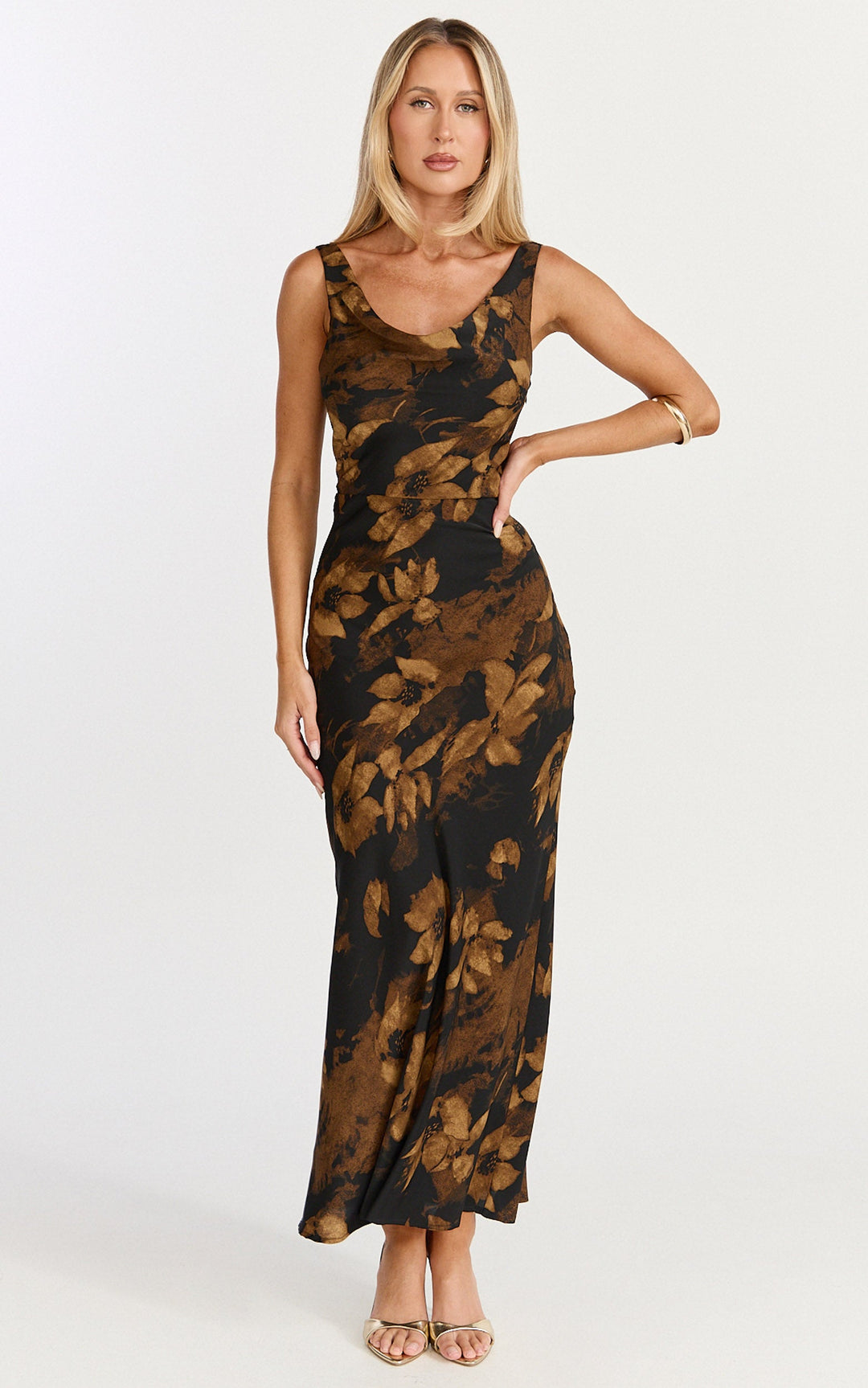 Dara Midi Dress - Low Neck Sleeveless Slip Dress in Amber Floral Print