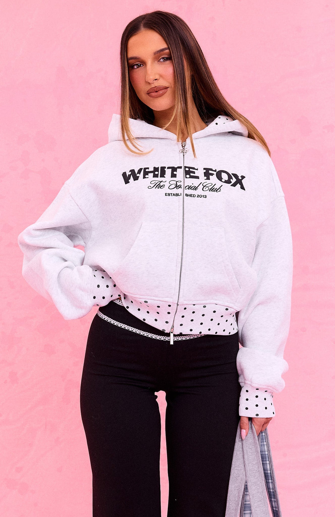 Glamcroft Outerwear Boxy Zip Front Hoodie with Polka Dot Details