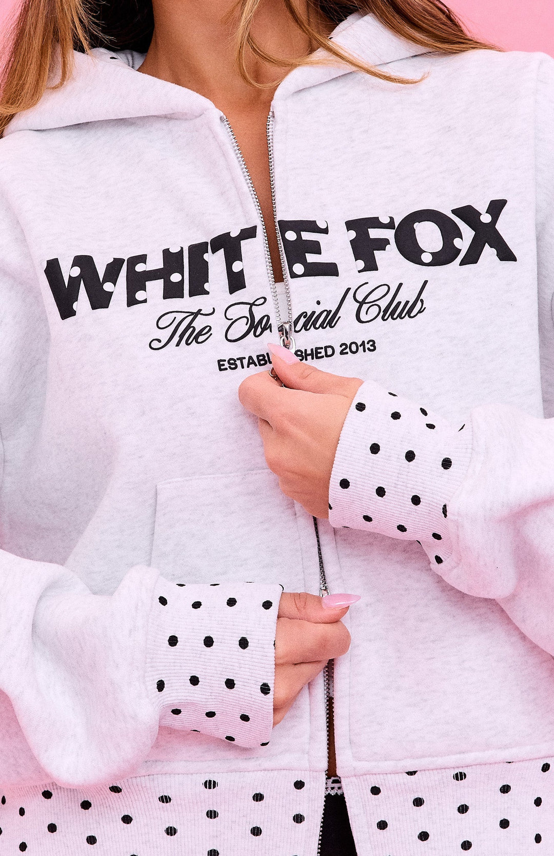 Glamcroft Outerwear Boxy Zip Front Hoodie with Polka Dot Details