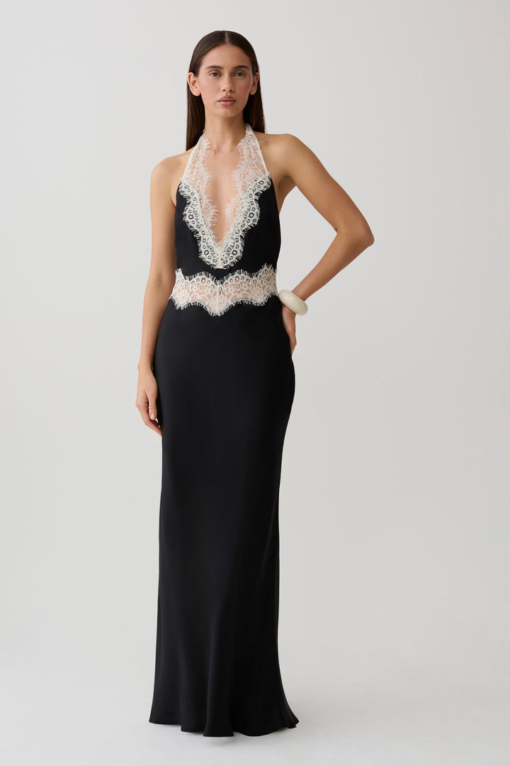 Glamcroft Maxi Dress with Lace Cutout Neckline and Halter Silhouette