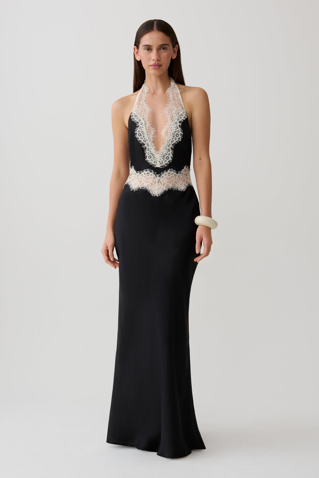 Glamcroft Maxi Dress with Lace Cutout Neckline and Halter Silhouette