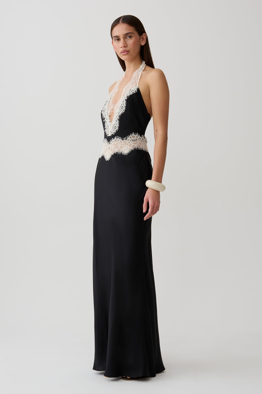 Glamcroft Maxi Dress with Lace Cutout Neckline and Halter Silhouette