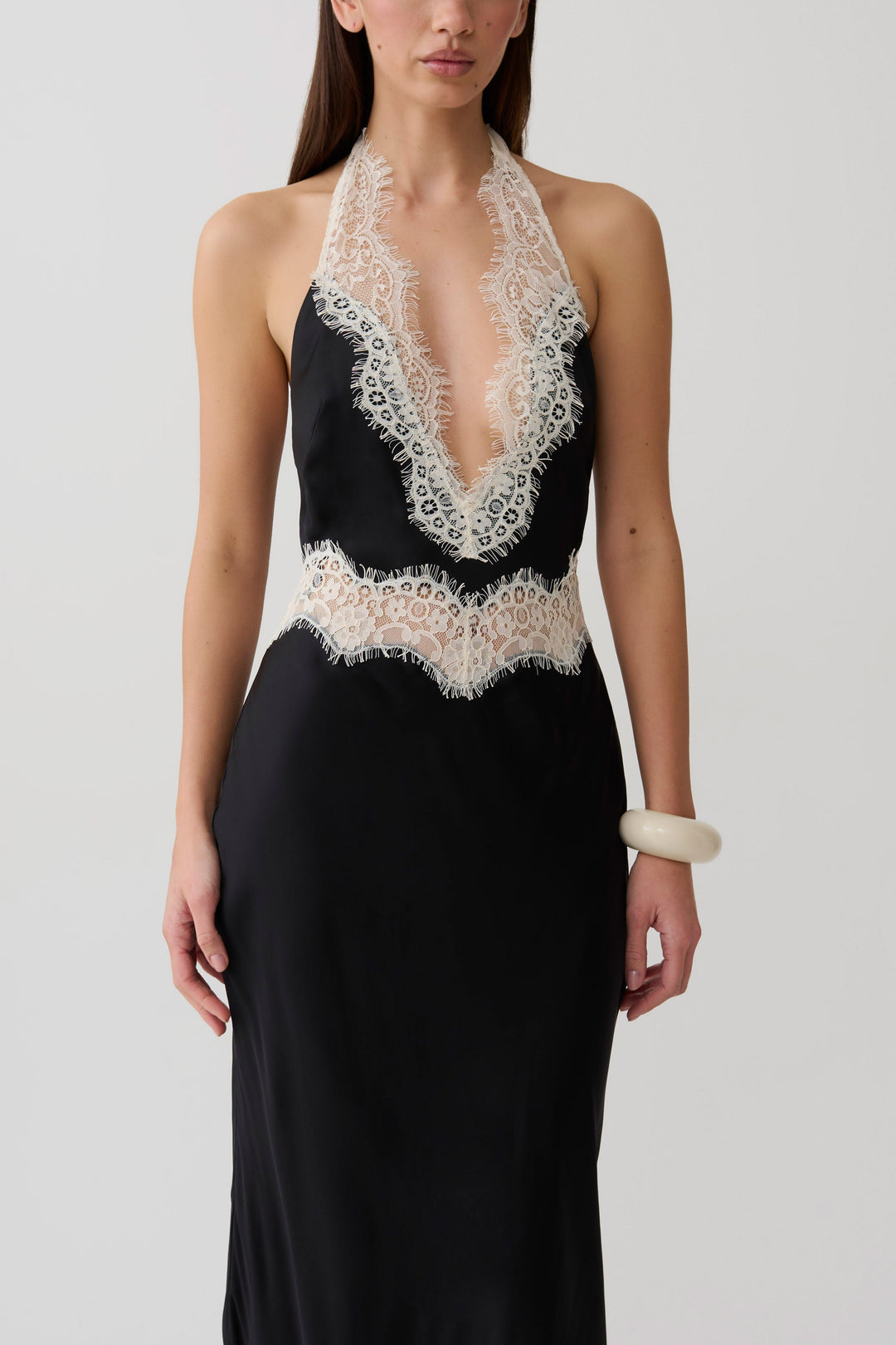 Glamcroft Maxi Dress with Lace Cutout Neckline and Halter Silhouette