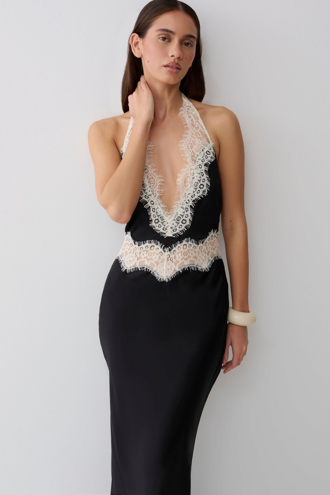Glamcroft Maxi Dress with Lace Cutout Neckline and Halter Silhouette