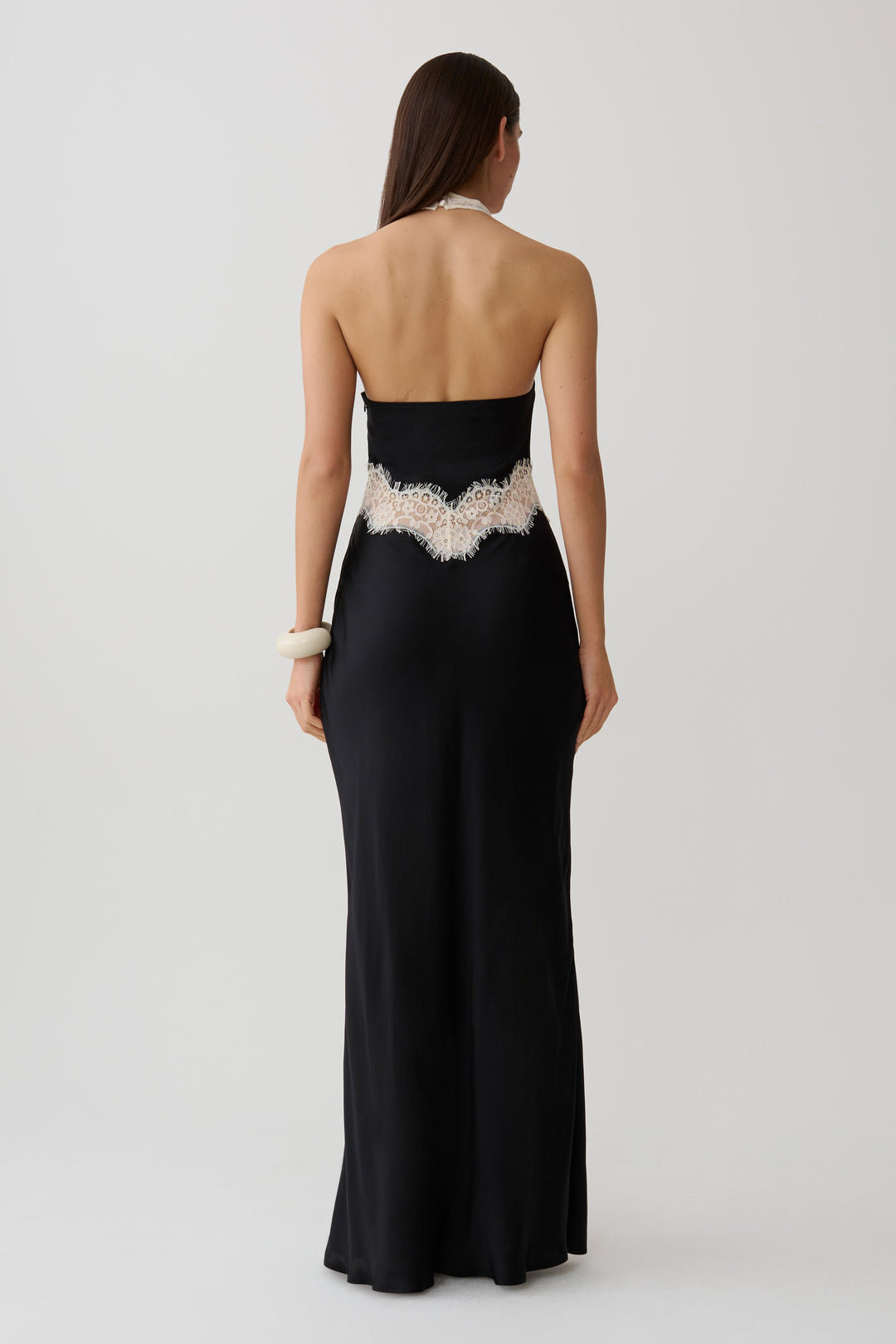 Glamcroft Maxi Dress with Lace Cutout Neckline and Halter Silhouette