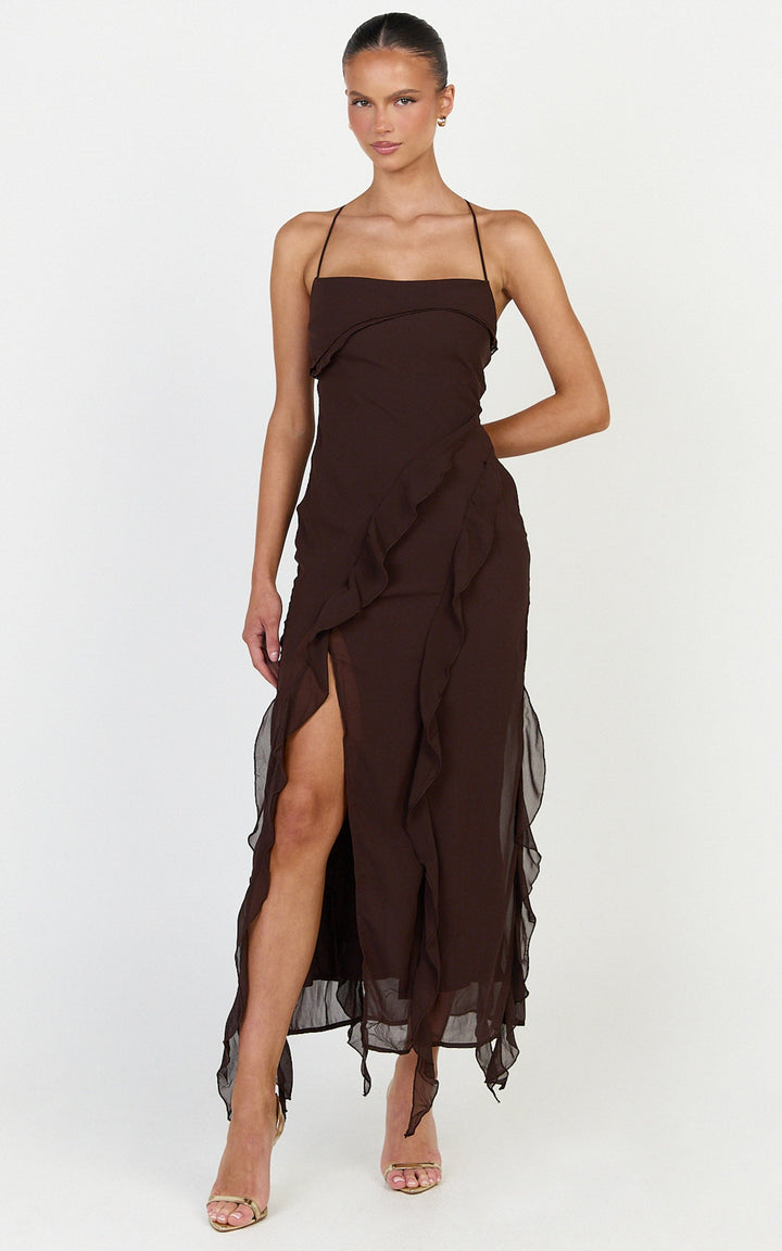 Connie Midi Dress - Ruffle Detail Dress in Chocolate