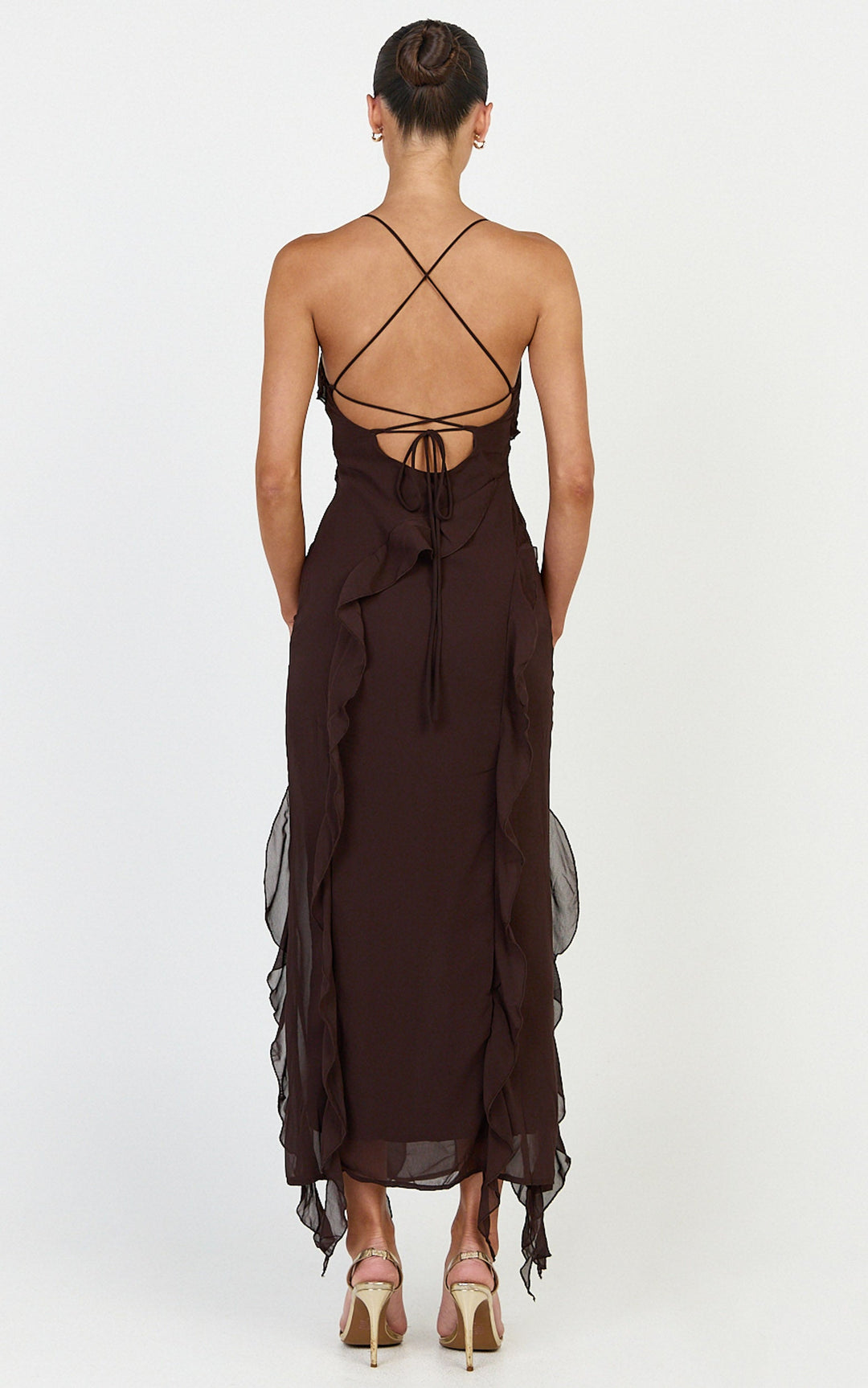 Connie Midi Dress - Ruffle Detail Dress in Chocolate