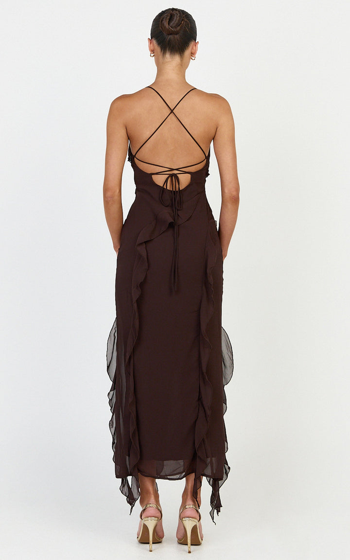 Connie Midi Dress - Ruffle Detail Dress in Chocolate