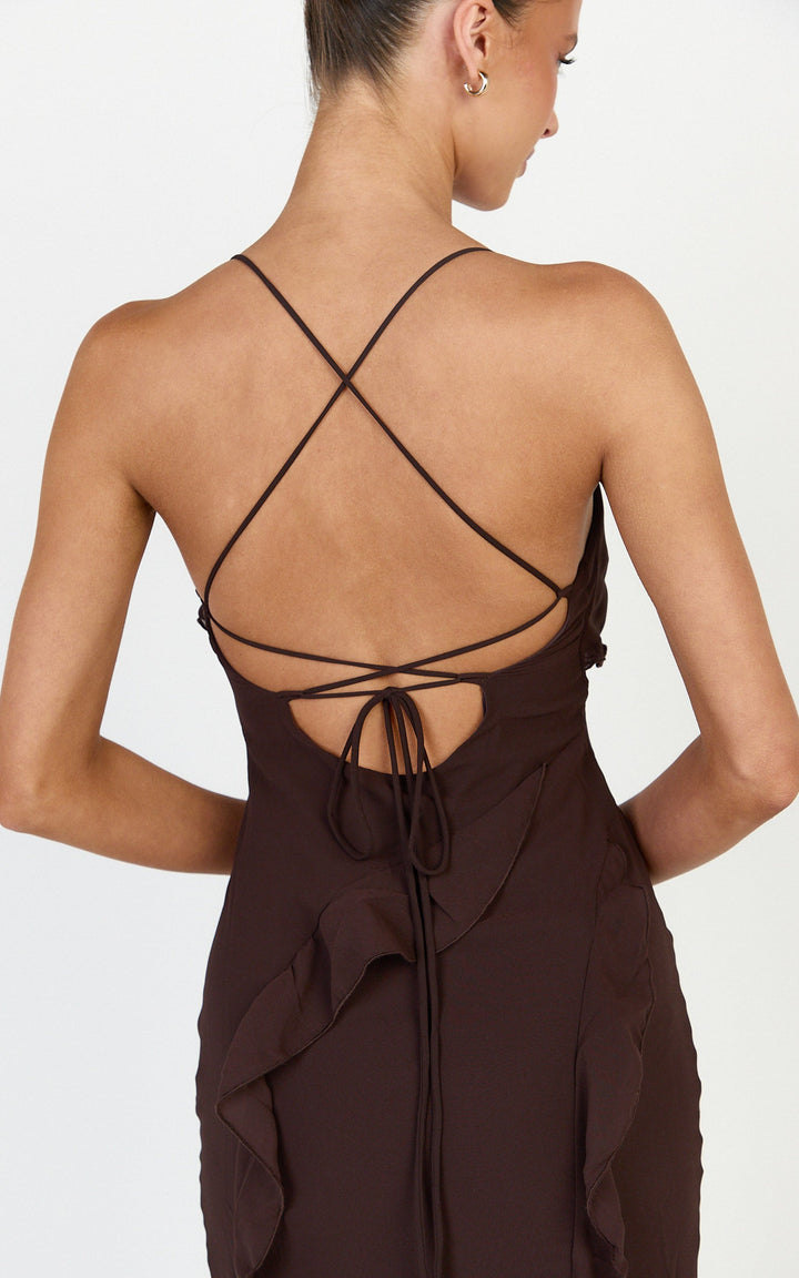 Connie Midi Dress - Ruffle Detail Dress in Chocolate