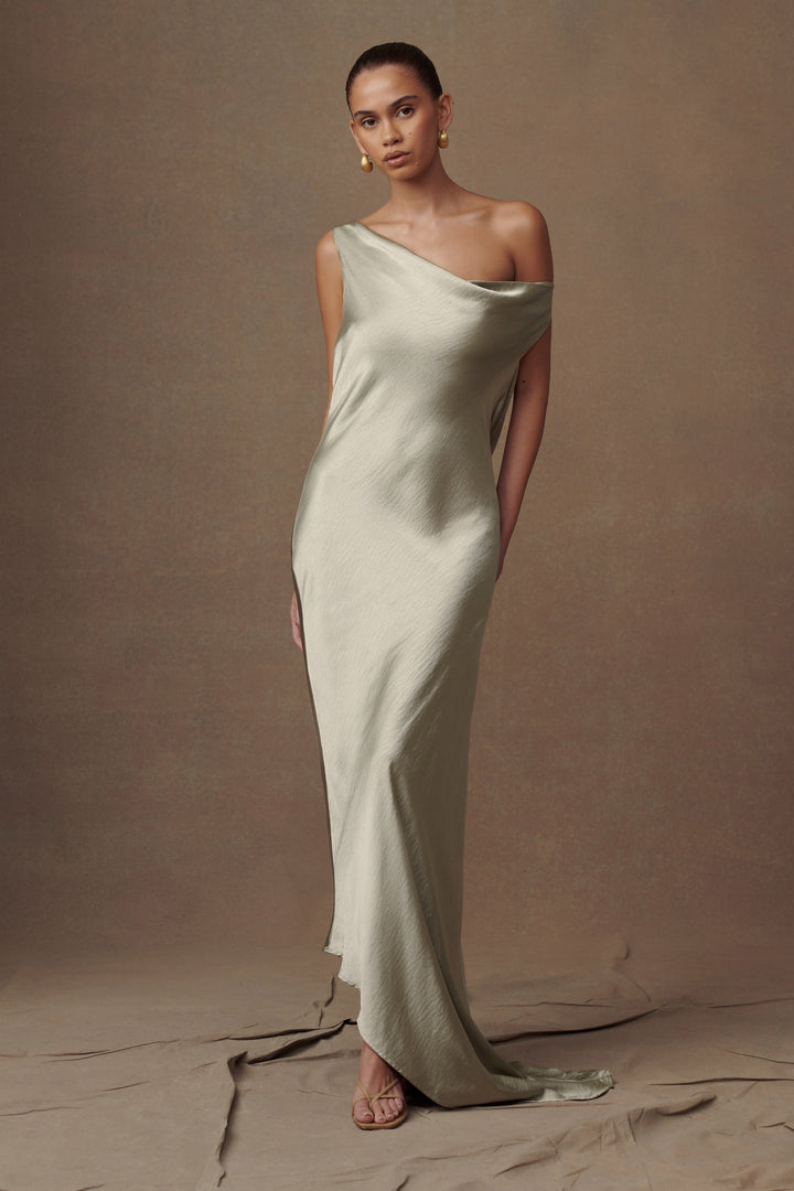 Glamcroft Slip Maxi Dress with Asymmetrical Hem in Sage