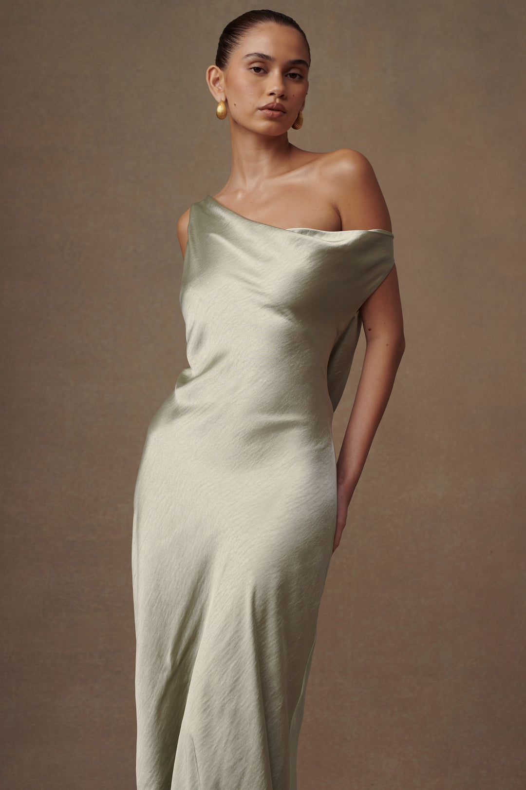 Glamcroft Slip Maxi Dress with Asymmetrical Hem in Sage