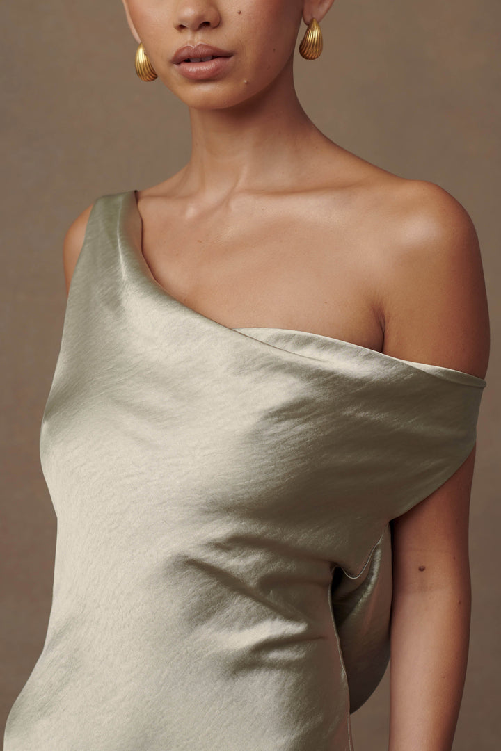 Glamcroft Slip Maxi Dress with Asymmetrical Hem in Sage