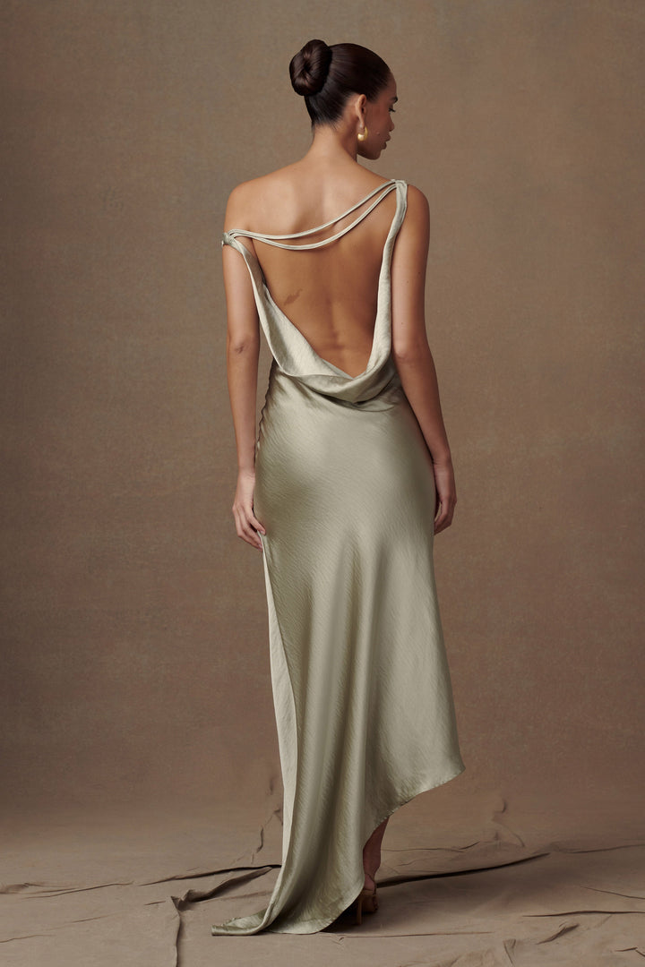 Glamcroft Slip Maxi Dress with Asymmetrical Hem in Sage
