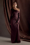 Glamcroft Dresses Long Sleeve Satin Maxi Dress Dark Chocolate
