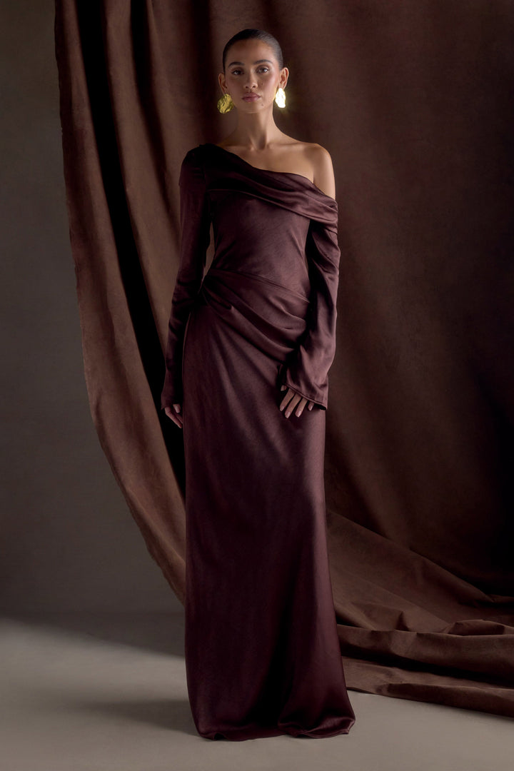 Glamcroft Dresses Long Sleeve Satin Maxi Dress Dark Chocolate