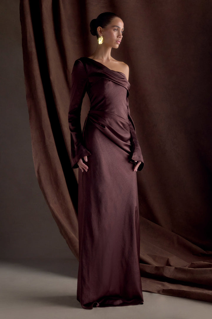 Glamcroft Dresses Long Sleeve Satin Maxi Dress Dark Chocolate