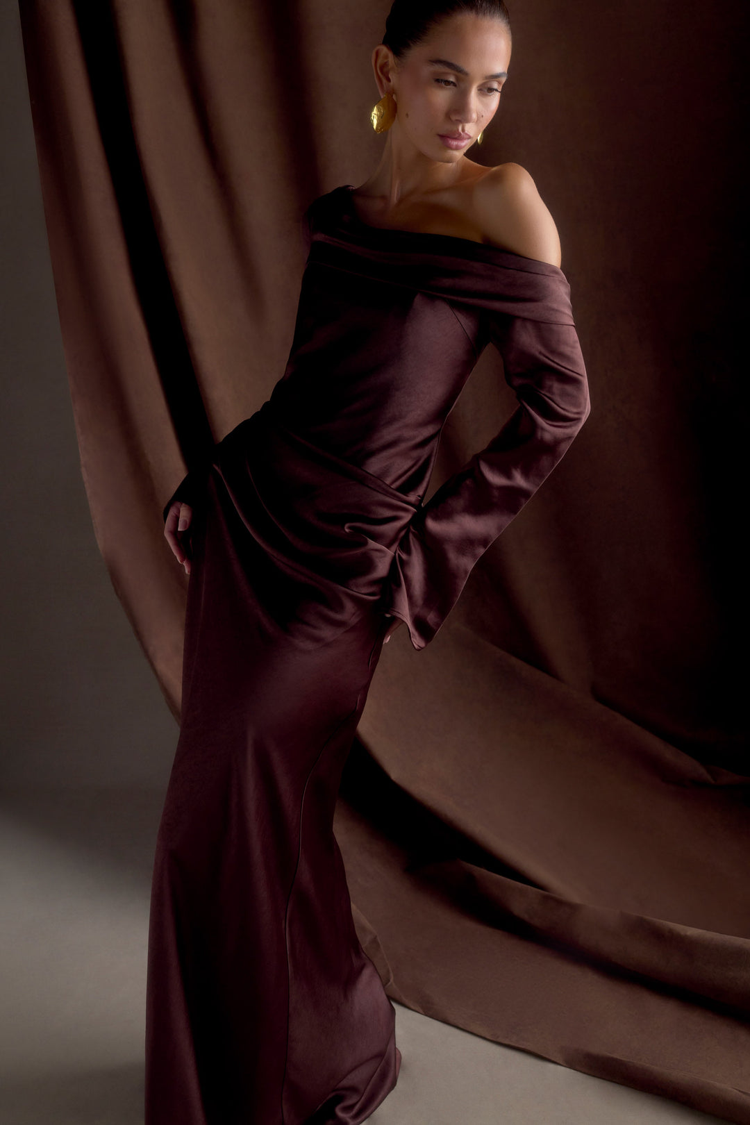 Glamcroft Dresses Long Sleeve Satin Maxi Dress Dark Chocolate