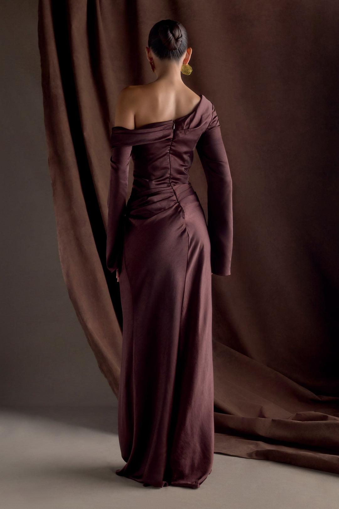 Glamcroft Dresses Long Sleeve Satin Maxi Dress Dark Chocolate