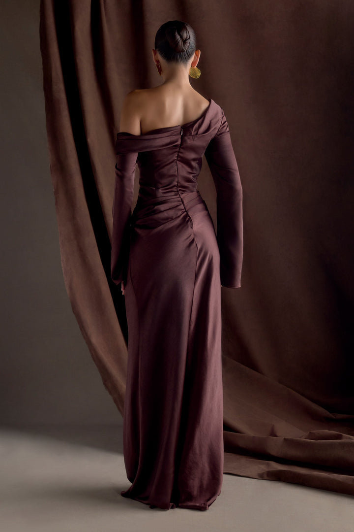 Glamcroft Dresses Long Sleeve Satin Maxi Dress Dark Chocolate