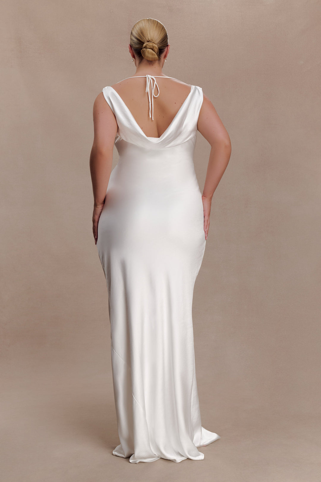 Glamcroft Maxi Dress with Cowl Neckline and Lace Trim - Ivory