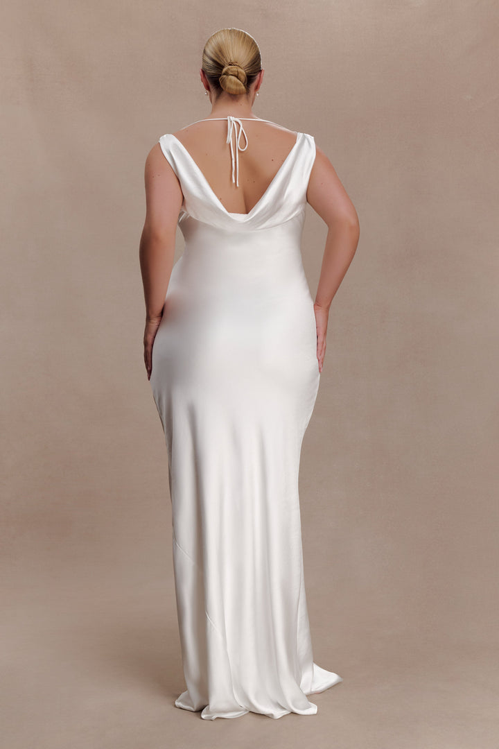 Glamcroft Maxi Dress with Cowl Neckline and Lace Trim - Ivory