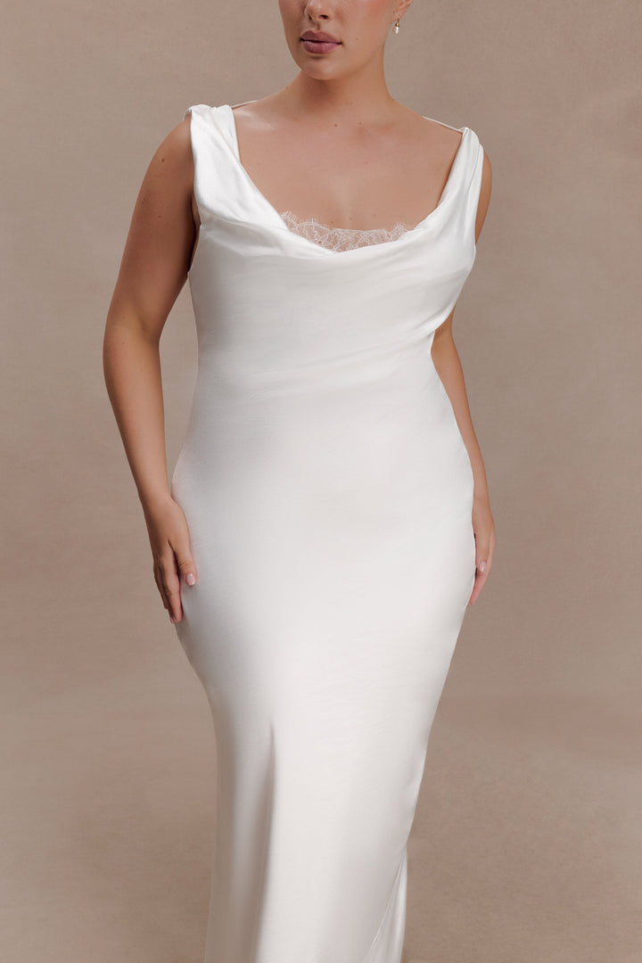 Glamcroft Maxi Dress with Cowl Neckline and Lace Trim - Ivory