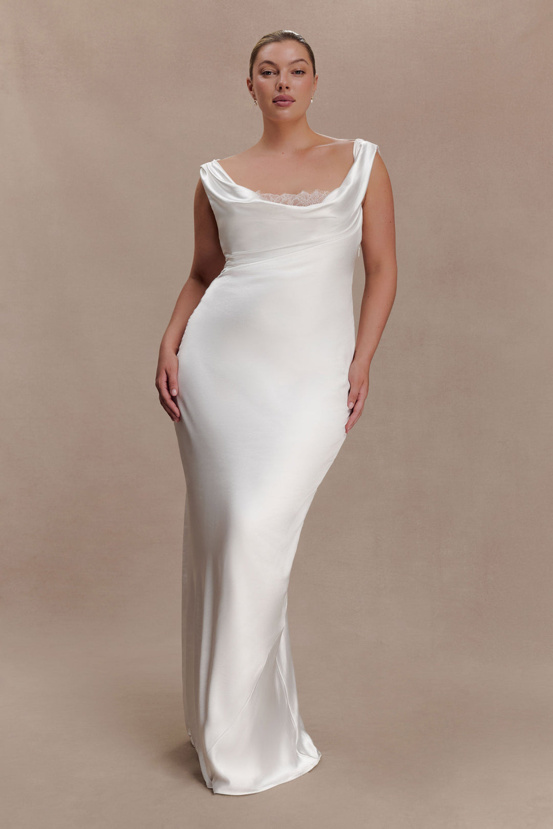 Glamcroft Maxi Dress with Cowl Neckline and Lace Trim - Ivory