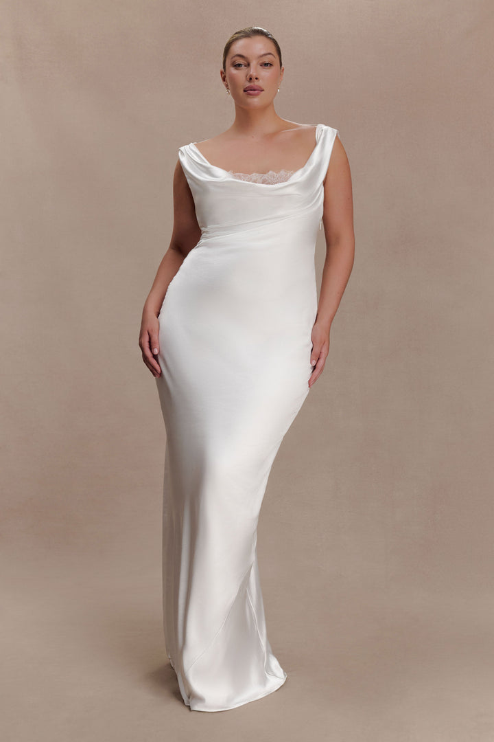 Glamcroft Maxi Dress with Cowl Neckline and Lace Trim - Ivory