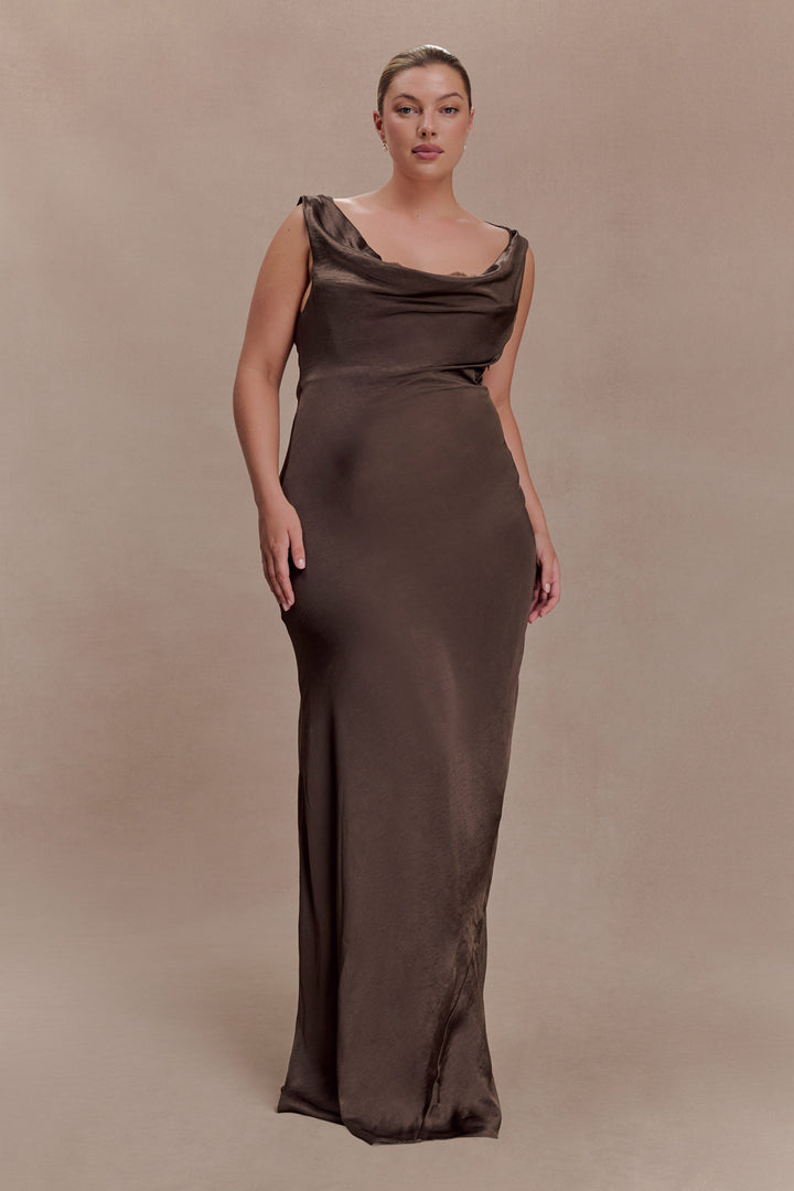 Glamcroft Maxi Dress with Cowl Neck and Lace Trim in Mocha