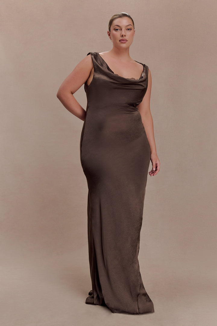 Glamcroft Maxi Dress with Cowl Neck and Lace Trim in Mocha