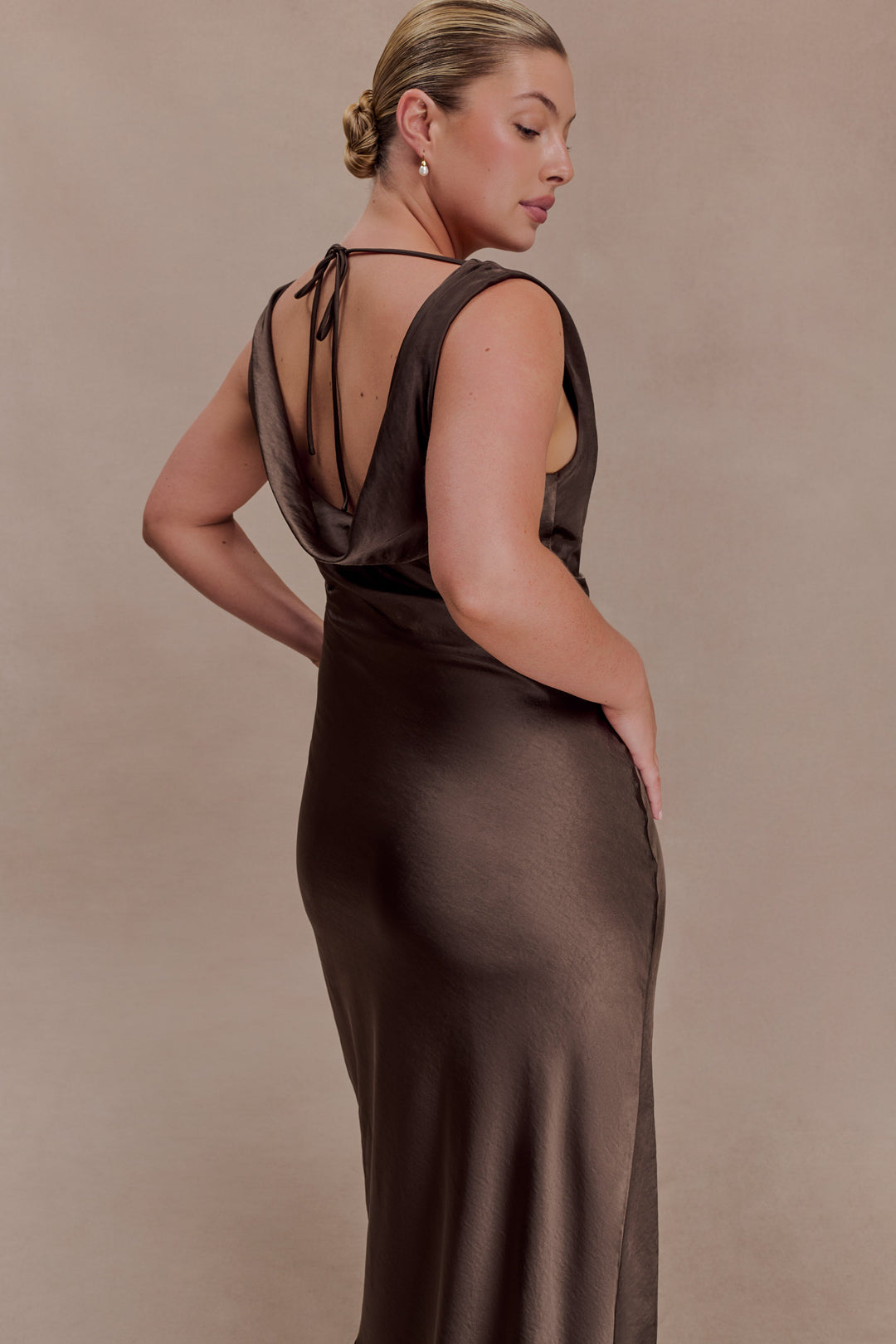 Glamcroft Maxi Dress with Cowl Neck and Lace Trim in Mocha