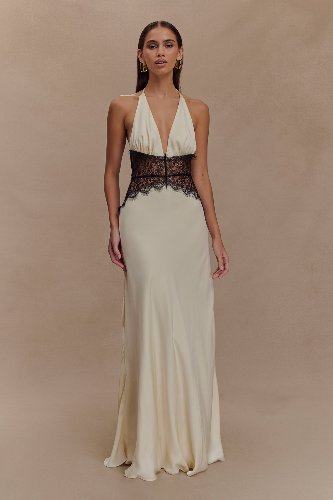 Glamcroft Maxi Dress with Lace and Satin Details in Black/Ivory