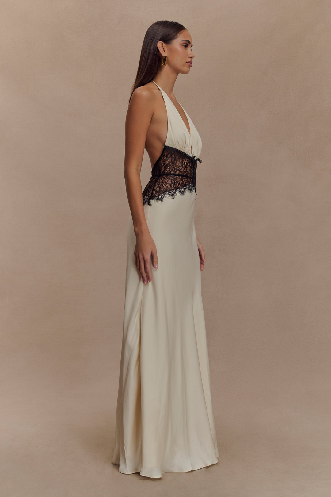 Glamcroft Maxi Dress with Lace and Satin Details in Black/Ivory