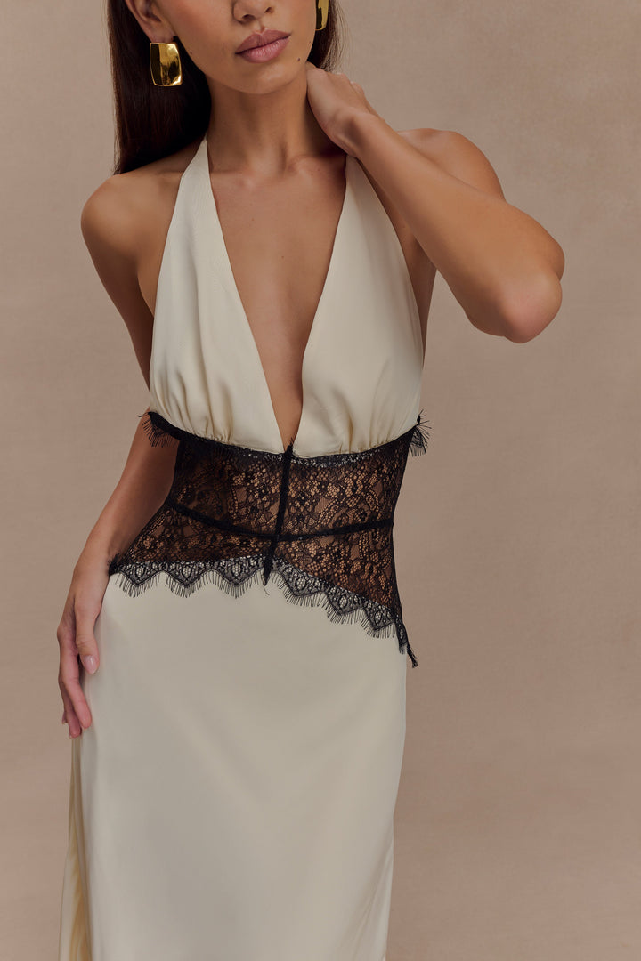 Glamcroft Maxi Dress with Lace and Satin Details in Black/Ivory