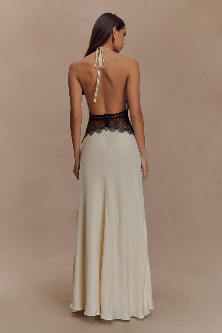 Glamcroft Maxi Dress with Lace and Satin Details in Black/Ivory